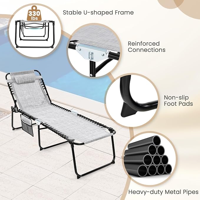 GYMAX Lounge Chairs for Outside, Extra High Folding Beach Tanning Lounger with Adjustable Backrest, Footrest & Removable Pillow, Sunbathing Lounge for Patio, Poolside (1, Grey with Pocket)
