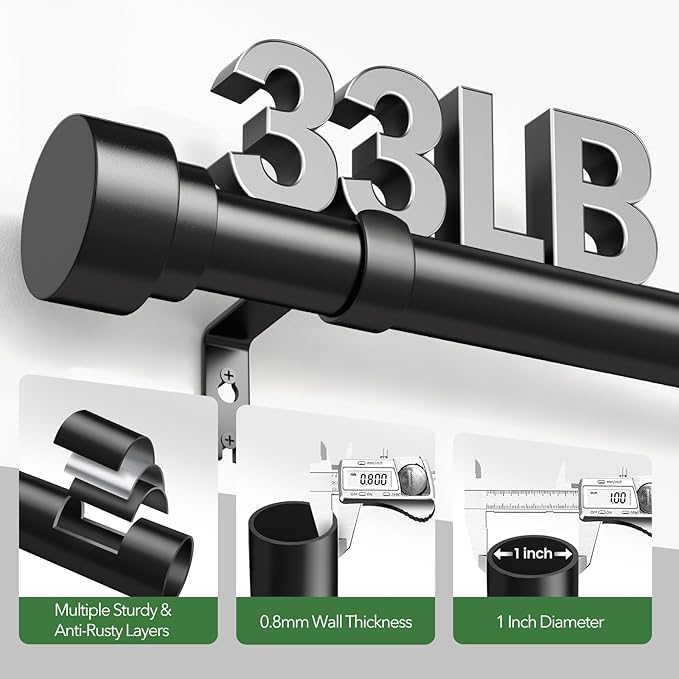 2 Pack Curtain Rods for Windows 72 to 144, 1 Inch Adjustable Black Heavy Duty Long Window Curtain Rod, Modern Style Indoor Outdoor Drapery Rods with End Caps, Size 32" - 150"