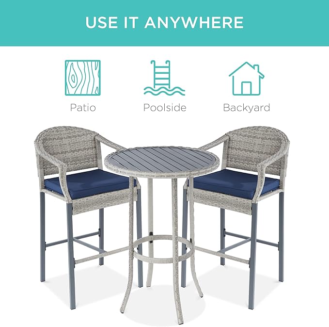 Best Choice Products 3-Piece Patio Bar Table Set, Outdoor Wicker Bar Height Bistro Furniture for Backyard, Poolside, Balcony w/Barstools, Cushions, Steel Frame – Gray/Blue