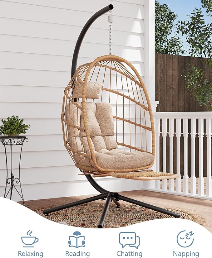 SWITTE Egg Chair Outdoor with Footrest & Stand, Indoor Wicker Hanging Egg Swing Chair with Cushion for Patio, Bedroom, Garden - Cream