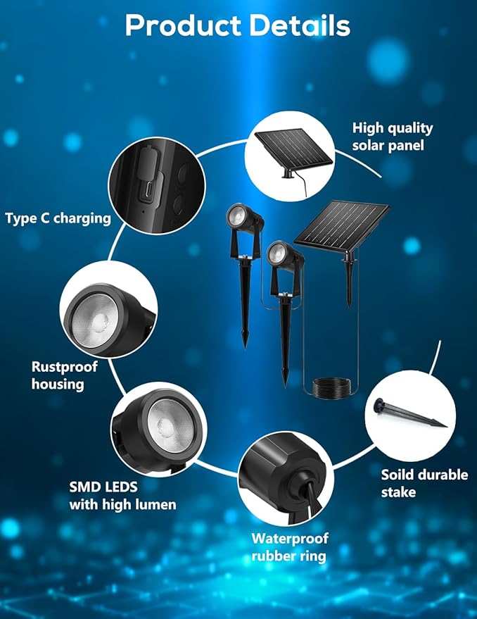 ZYAN Solar Landscape Spotlights, Separate Monocrystalline Panels & USB-C Powered 5400mAh Auto On Off Dusk to Dawn, Outdoor IP65 Waterproof, Warm White for Yard Path Patio (100 Lumens × 4 Pack)
