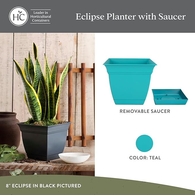 The HC Companies 12 Inch Eclipse Square Planter Pots with Drainage Holes & Attached Saucer, Lightweight UV-Resistant Plastic Indoor Outdoor Planters, 2-Pack Flower Pots for Garden & Home Decor, Teal