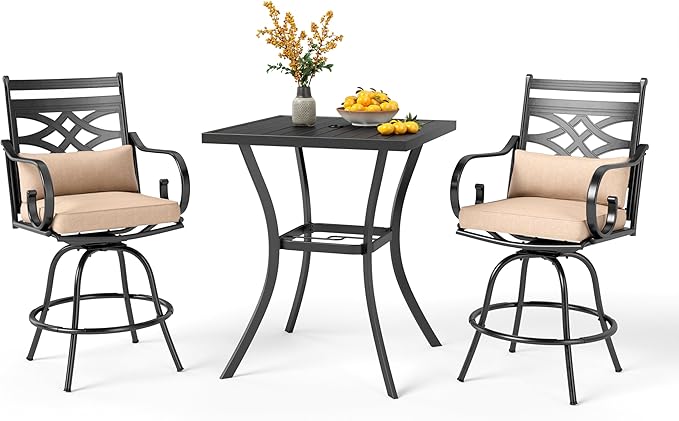 PHI VILLA 3 Pieces Patio Bar Set,Outdoor Bar Table and Chairs Set, Strong and Heavy Duty Outdoor Bar Set with Cushion and Pillow，2PCS Swivel Bar Stools with Square Bar Height Table