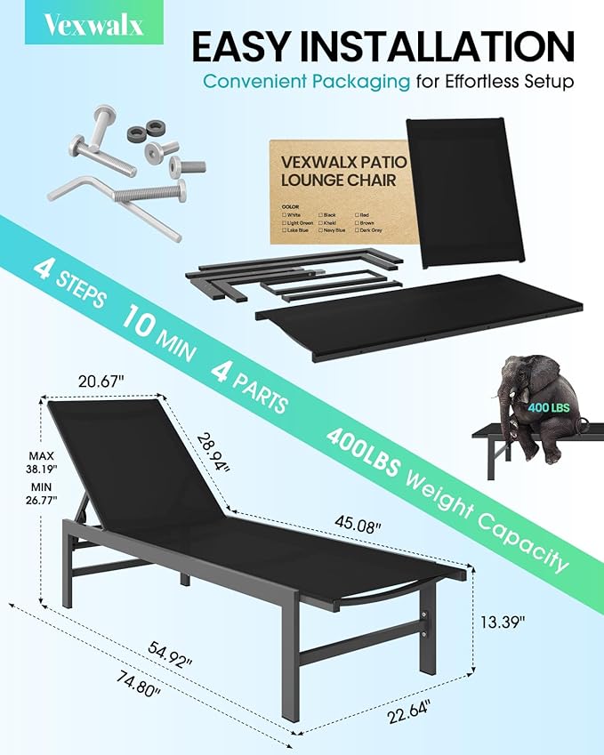 Outdoor Lounge Chair for Pool, Aluminum Chaise Lounge Chairs with 5-Position Recliner, Patio Lounge Chair for Backyard, Poolside, Deck, Lawn (Black)