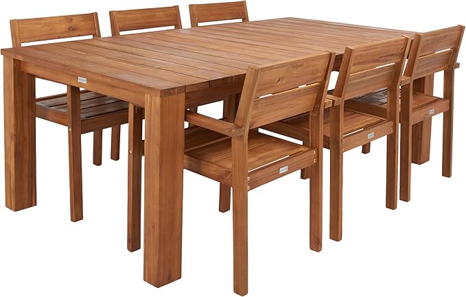 SAFAVIEH Outdoor Collection Hestia Natural Brown Acacia Solid Wood 7-Piece Dining Set, Ideal for Deck, Patio, Backyard