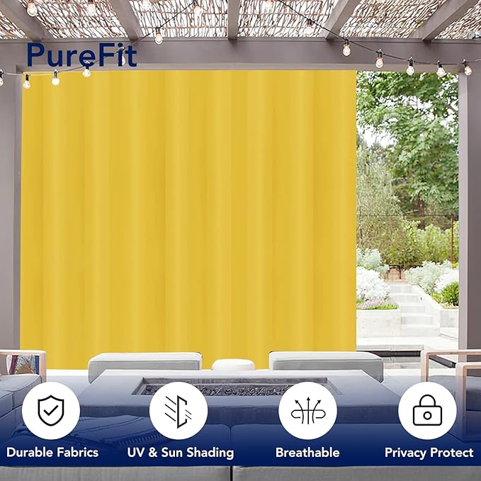 PureFit Outdoor Curtains for Patio Waterproof Weatherproof, UV Resistant Outside Curtains for Gazebo, Front Porch, Pergola, Sun Blocking Privacy Curtain, 120W x 95L inch, 1 Panel, Yellow