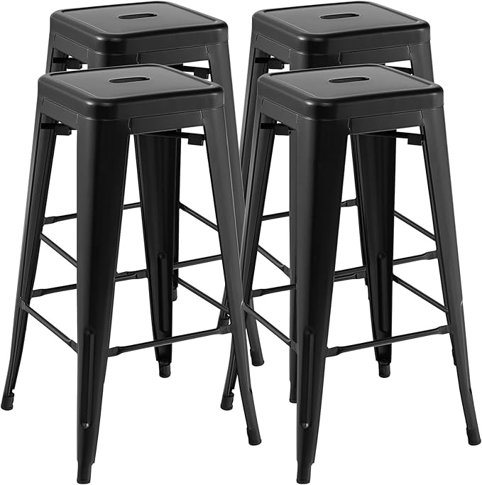 COSTWAY Bar Stools Set of 4, 30” Bar Height Metal Stools with Rubber Footpads & Handling Hole, X-Shaped Reinforced Design, Stackable Stools, for Kitchen, Dining Room, Pub (Black, 30‘’)