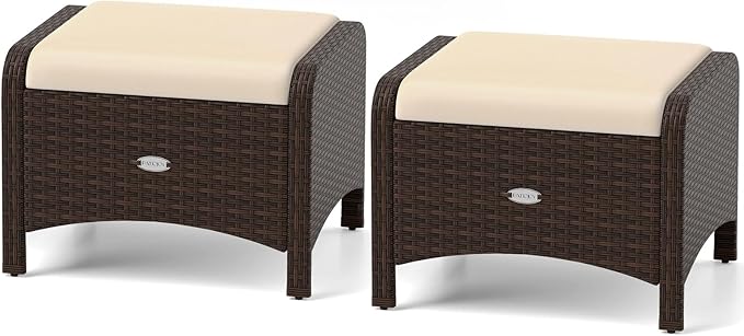 RELAX4LIFE Wicker Outdoor Ottomans for Patio - Set of 2 Rattan Footstools w/Removable Cushions, Multipurpose Outside Foot Rest, Side Table & Additional Seating for Porch Garden Backyard (Beige)