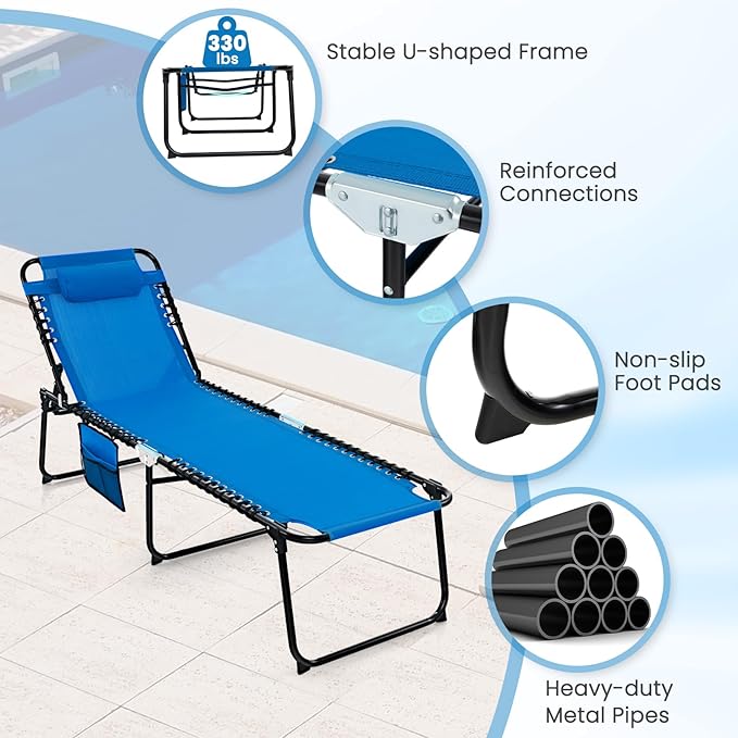 GYMAX Lounge Chairs for Outside, Extra High Folding Beach Tanning Lounger with Adjustable Backrest, Footrest & Removable Pillow, Sunbathing Lounge for Patio, Poolside (2, Navy with Pocket)