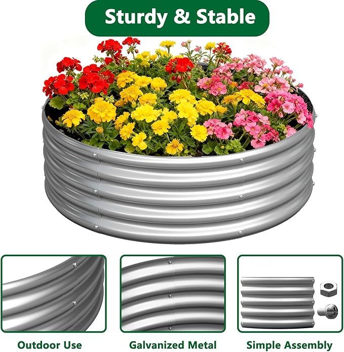zizin 2 Pack Galvanized Raised Garden Bed Metal Round Raised Garden Beds Outdoor Planter Box for Vegetables (2FT, Silver)