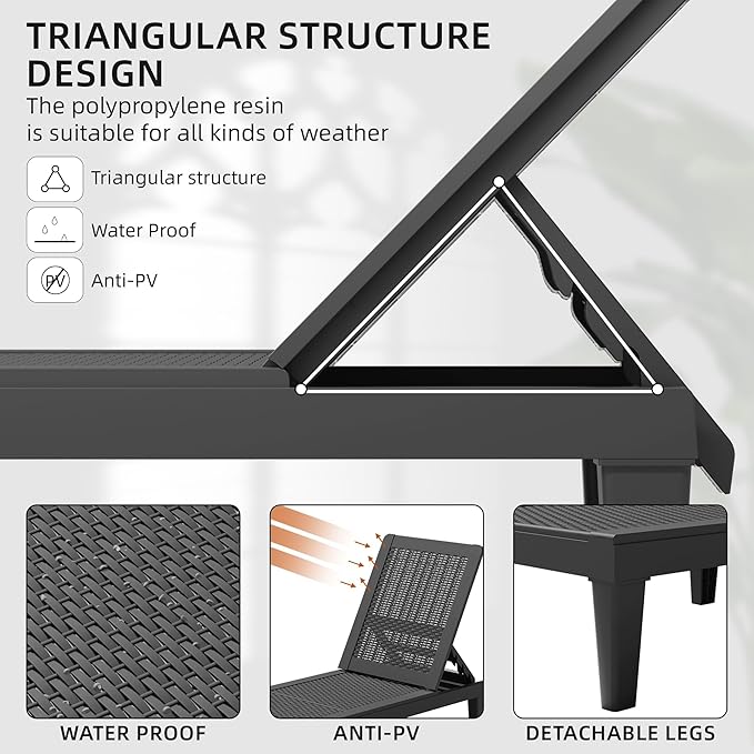Greesum Outdoor Patio Chaise Chair with 5-Position (Set of 2) Adjustable Backrest, Waterproof Sun Lounger, Easy to Assemble, for Pool, Garden, Deep Black