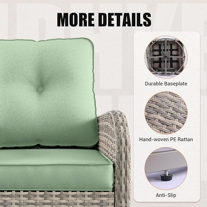 15-Piece Outdoor Patio Furniture Set with Rocking Swivel Chair Wicker Sectional Sofa Set, Patio Conversation Set with Thickened Cushions & Coffee Table for Garden, Backyard, Light Green
