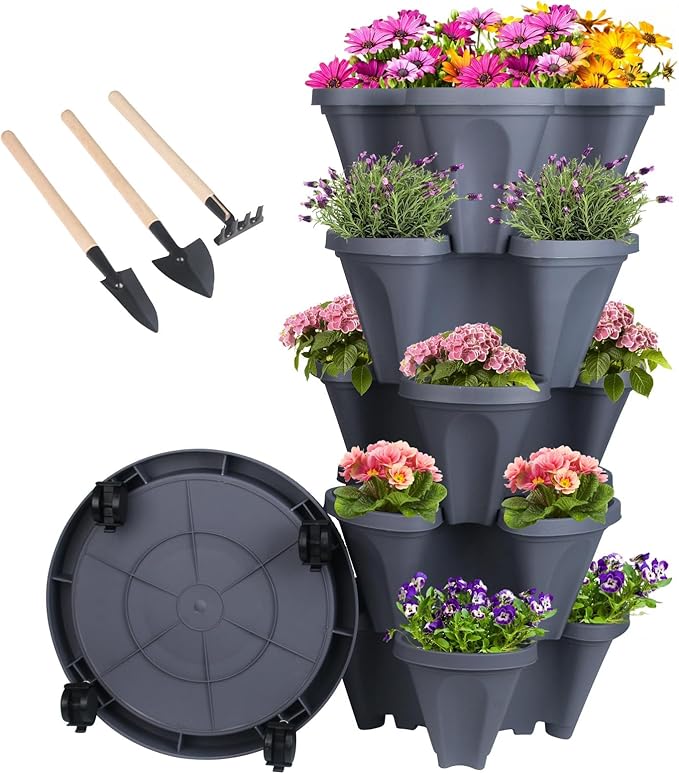 GameXcel Vertical Planter 5 Tier Stackable Planters Garden Planters Strawberry Herb Flower and Vegetable Planter Indoor Outdoor Gardening Pots with Removable Wheels and Tools - Dark Gray