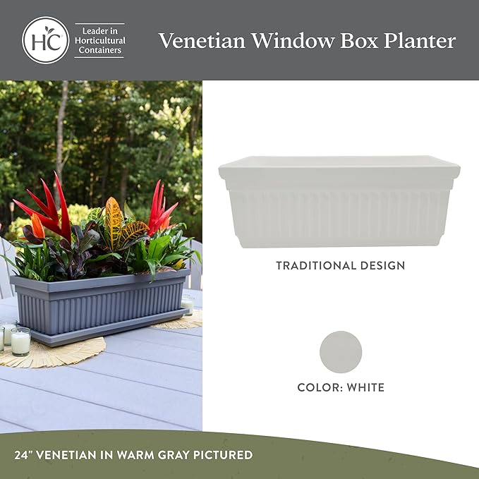 The HC Companies 18 Inch Venetian Window Planter Box with Drainage Plug, Lightweight UV-Resistant Plastic Indoor & Outdoor Planters, 2-Pack Flower Box for Garden & Home Decor, White
