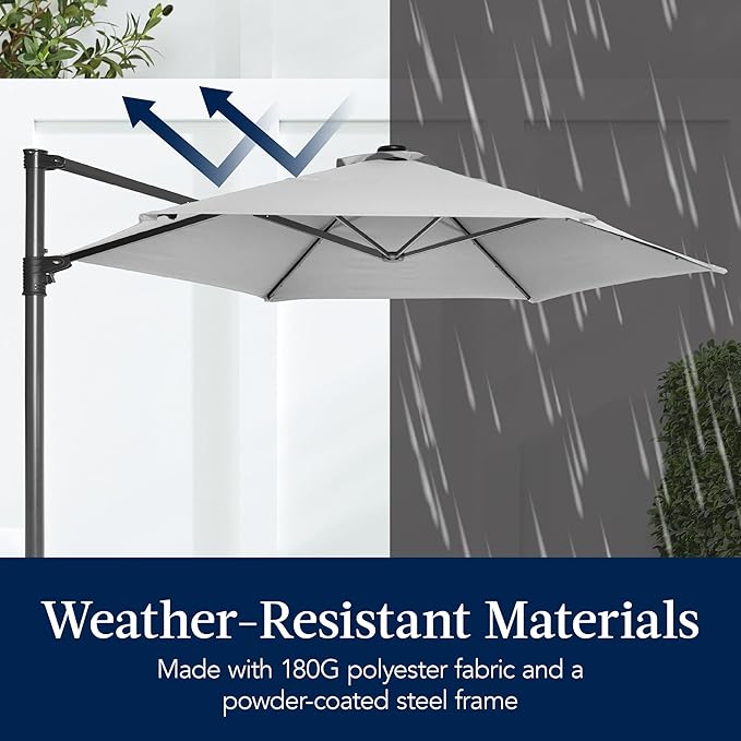 Best Choice Products 10ft Solar LED Offset Cantilever Hanging Market Patio Umbrella, Smooth 360° Rotation, 8 Sturdy Ribs, Easy Adjustment - Fog Gray