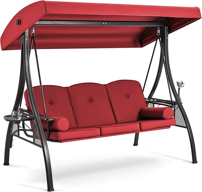 HOMREST 3 Person Outdoor Porch Swing with 1.5" Upgraded Cup Holder, Adjustable Canopy, Backrest, Patio Swing Bed with Weather Resistant Steel Frame, Cushions for Garden,Deck and Poolside(Wine Red)