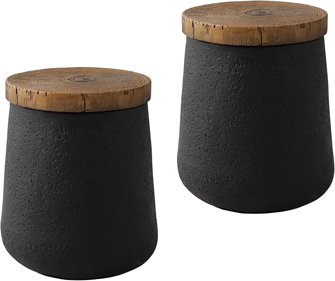 SUNBURY Outdoor Side Table, 13" W Black Outdoor End Tables Set of 2, Patio Accent Side Table, Concrete Garden Stool Wooden-Look Top for Livingroom, Garden, Backyard