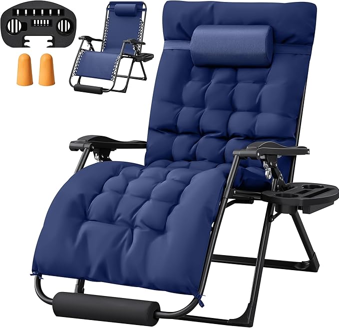 Homall Oversized Zero Gravity Chair, 32In Recliner Lounge Chair with Removable Soft Cushion and Cup Holder, Adjustable Anti Gravity Chair Folding Patio Chairs Padded for Indoor and Outdoor, Blue