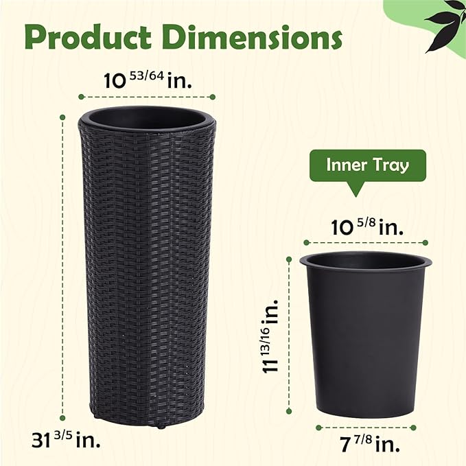 Idzo All Weather Wicker Planters for Outdoor Plants Set of 2, 24 inch Tall Black Planter for Front Porch, Patio, Balcony, Indoor Usage - Round Rattan Flower Pots