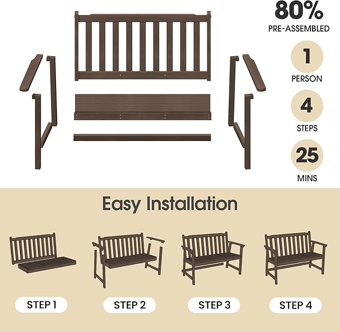 Ciokea 48" Outdoor Bench Set of 2, HDPE Weatherproof Garden Bench, 2-Person Memorial Benches with 550 Lbs, Waterproof Patio Porch Benches for Outside Business Deck Office Backyard Balcony, Brown