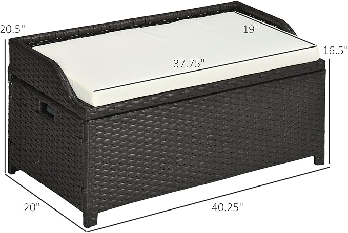 Outsunny 38 Gallon Outdoor Wicker Storage Bench Deck Box, PE Rattan Patio Furniture Pool Storage Bin Container with Interior Waterproof Cloth Bag and Comfortable Cushion, White