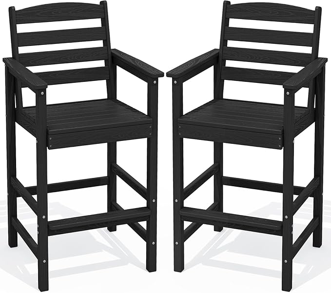 SERWALL Tall Adirondack Chairs Set of 2, Oversize Balcony Adirondack Chairs Set, Outdoor Bar Height Barstools Widened Chair Set for Bistro, Poolside, Garden, Black