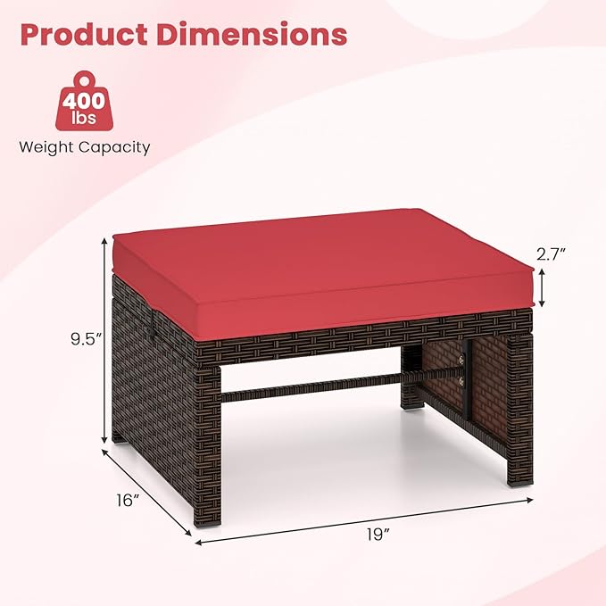 Tangkula 2 Pieces Patio PE Rattan Ottomans, Multipurpose Outdoor Footstool Footrest Additional Seating Side Table with Soft Zippered Cushions for Deck, Garden, Poolside and Yard (Red)