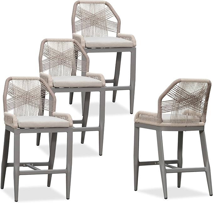 PURPLE LEAF Patio Bar Stool Counter Height Set of 4 Outdoor Rattan Chairs with Back Modern Aluminum Woven Barstools for Garden Indoor Kitchen Light Gray