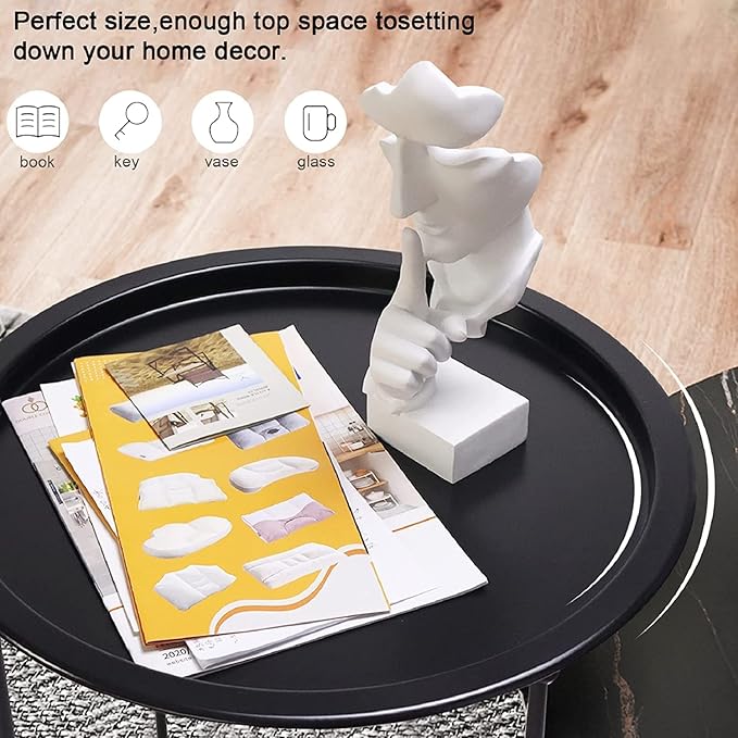 Garden 4 you End Table 2 PCS Metal Side Table Black Round Folding Tray Cyan Sofa Small Accent Fold-able Table, Round End Table Tray, Next to Sofa Table, Snack Table for Living Room and Bed Room