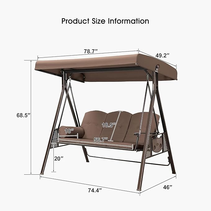 PURPLE LEAF 3-Seat Deluxe Outdoor Patio Porch Swing with Weather Resistant Steel Frame, Adjustable Tilt Canopy, Cushions and Pillow Included, Beige