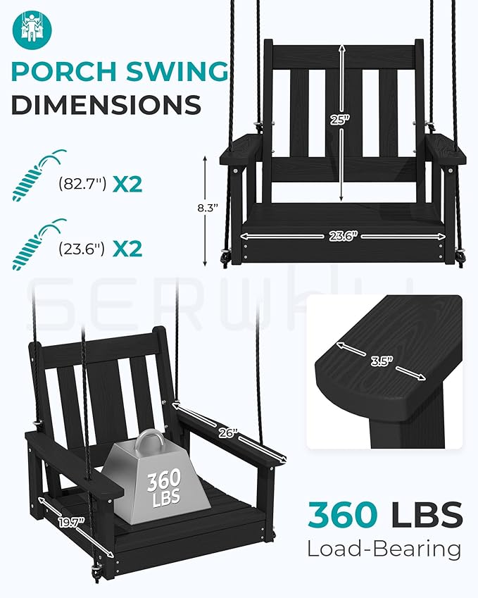 SERWALL HDPE Single Porch Swing, Heavy Duty Single Person Swing Chair with 2 Polypropylene Hanging Ropes, Adirondack Hanging Chair for Outdoor Front Porch Patio Garden Yard, Black