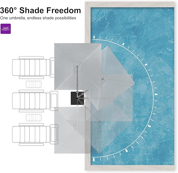 PURPLE LEAF Patio Umbrella 8' X 8' Rectangle Cantilever Umbrella Large Aluminum Outdoor Umbrellas with 360-degree Rotation & UPF40+ Premium Fabric for Deck Pool Garden Yard, Pebble Grey