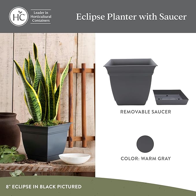 The HC Companies 10 Inch Eclipse Square Planter Pots with Drainage Holes & Attached Saucer, Lightweight UV-Resistant Plastic Indoor Outdoor Planters, 2-Pack Flower Pots, Garden Home Decor, Warm Gray