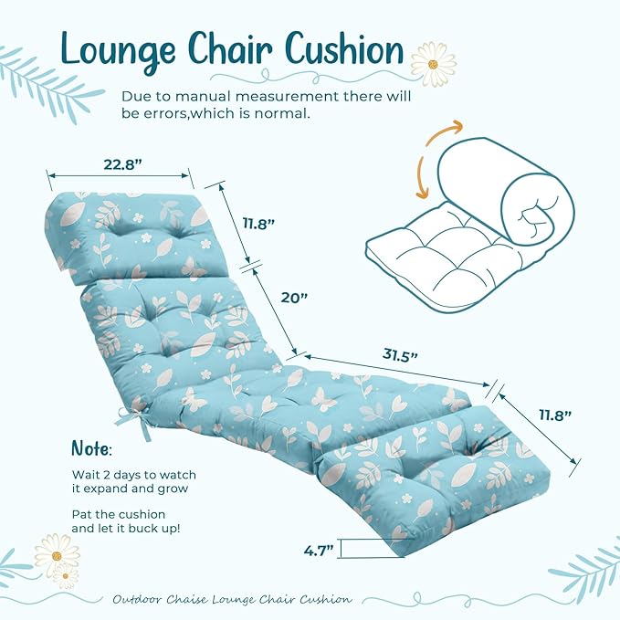 Outdoor Chaise Lounge Chair Cushion 75.1 x 22.8 x 4.7 Inches 100% Waterproof Replacement Cotton Patio Pool Lounge Chair Cushion for Outdoor Furniture with Ties, Blue Butterfly