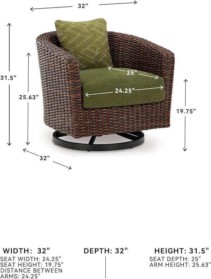 Signature Design by Ashley Horizon Hall Casual Outdoor Weather Resistant Swivel Lounge Chair with Removable Cushion, Green & Dark Brown