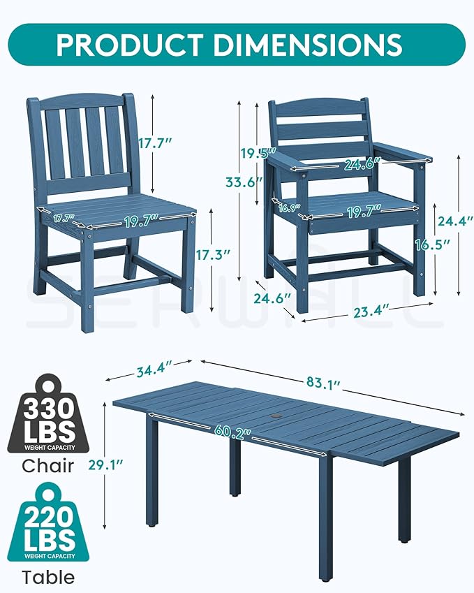 SERWALL 9-Piece Outdoor Dining Set, 60" - 83" Expandable Outdoor Dining Table and 8 HDPE Chairs, All Weather HDPE Outdoor Furniture Set for Backyard, Garden, Blue