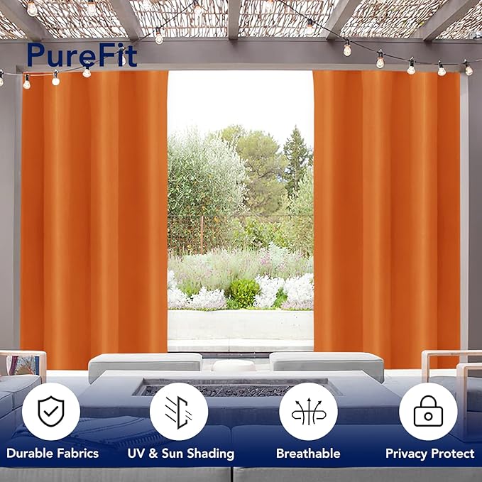 PureFit Outdoor Curtains for Patio Waterproof Weatherproof, UV Resistant Outside Curtains for Gazebo, Front Porch, Pergola, Sun Blocking Privacy Curtain, 52W x 120L inch, 1 Panel, Orange
