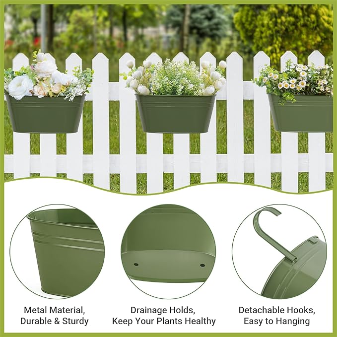 Dahey 10.5 Inch Metal Iron Hanging Flower Pots for Railing Fence Hanging Bucket Pots Countryside Style Outdoor Planter Window Flower Plant Holder with Detachable Hooks Home Decor,Green,5 Pcs