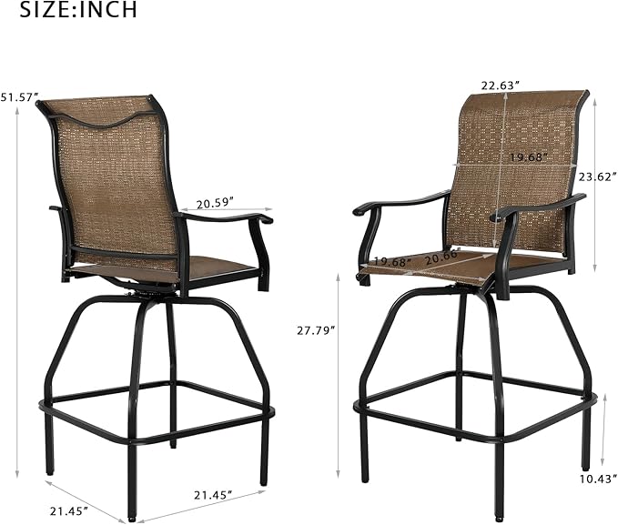 LEVELEVE Patio Bar Set 4pcs Swivel Bar Stools Outdoor Bistro Textilene Furniture Stability All-Weather Set (Dark Brown Fabric)