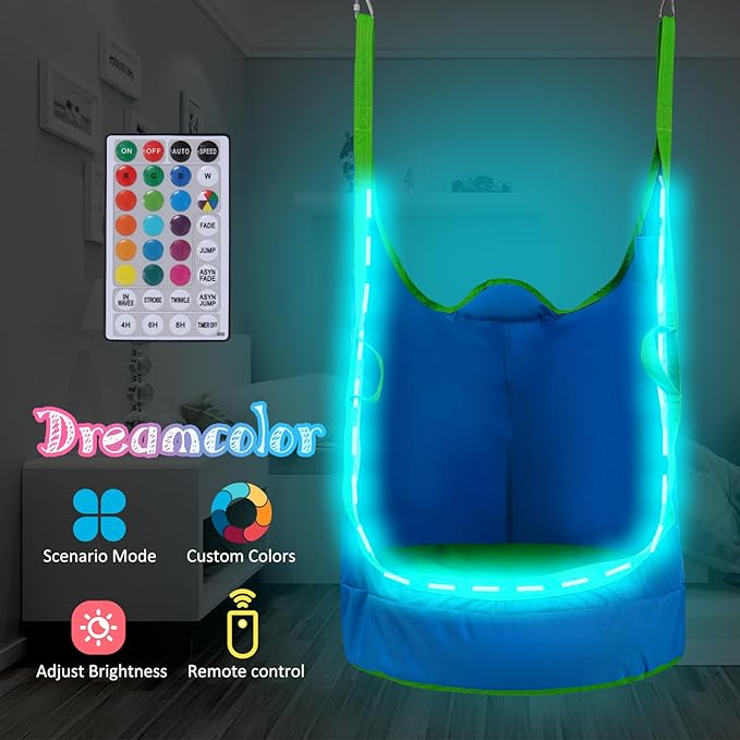 Upgraded Kids Pod Swing Chair,Child Hanging Hammock Chair with Led Lights,900D Oxford Cloth Pod Swing Seat for Indoor and Outdoor with All Accessories (Blue)