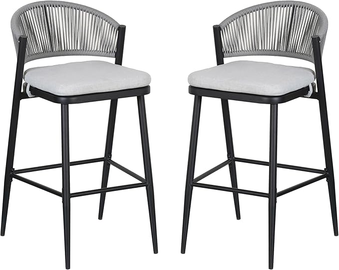 Christopher Knight Home Hearth 30.25" H Patio Barstools Set of 2, Woven Wicker Counter Stool, PE Rattan Scallop-Shaped Backrest Bar Chair, Metal Frame Barstool for Backyard Balcony Garden, Black