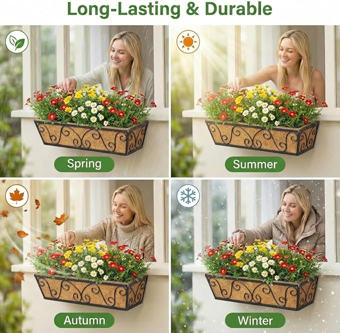 Y&M 24 Inch Window Deck with Coco Liner, Fence Metal Hanging Flower Planter Window Basket Deck Railing Planter Boxes for Outdoor Garden Lawn-Butterfly,4pcs