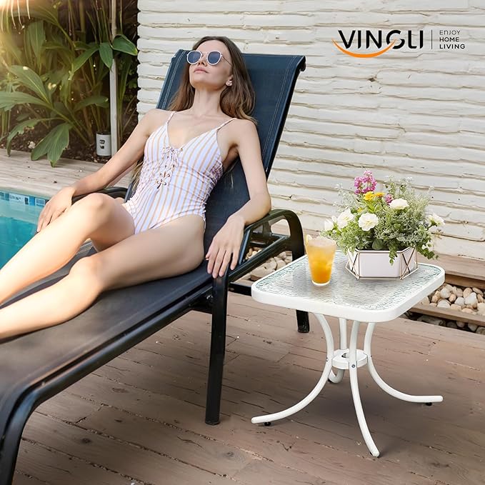 VINGLI Outdoor Side Table, 18in Patio Table Steel Frame Tempered Glass Top, Weatherproof Small Tables for Balcony Garden Poolside (White, Square)