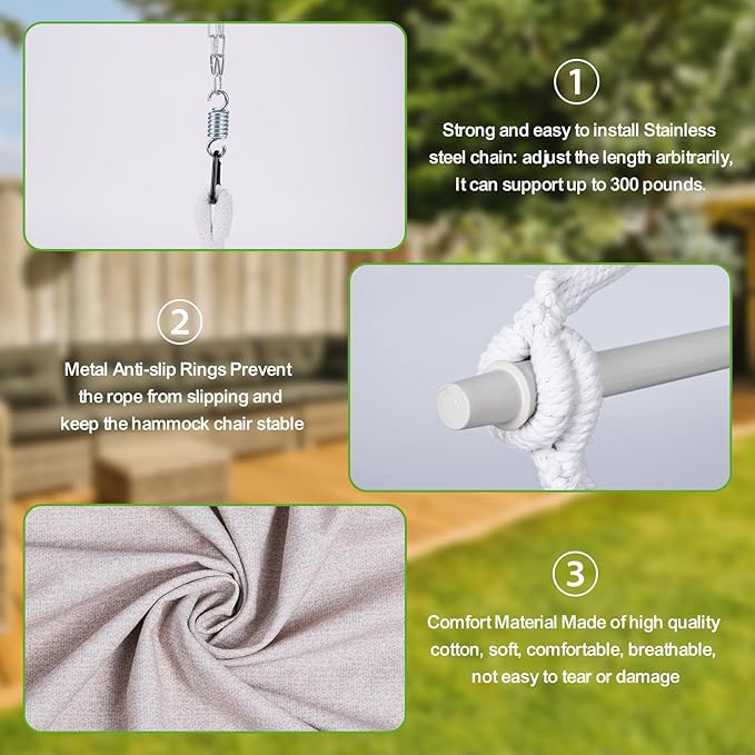 Backyard Expressions Hanging Hammock Chair Swing with Cushions & Hanging Kit – 500 lb Capacity, Cotton Blend Fabric, for Indoor/Outdoor Use – Includes Chain, Hooks & Spring – 5 Colors
