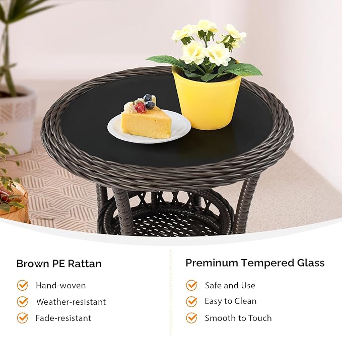 VINGLI Outdoor Wicker Side Table, Patio Side Tables for Outside Tempered Glass Top Wicker Table with Storage End Table for Balcony Porch Deck (Dark Brown)