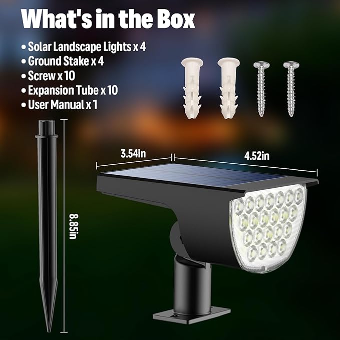 Solar Lights Outdoor Waterproof IP65, Solar Powered 76 LED 3 Lighting Modes Solar Spot Lights Outdoor for Yard Garden Landscape Pathway (Cool White, 4 Pack)