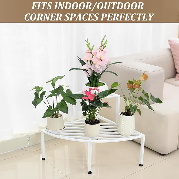 Corner Plant Stand Outdoor Metal,2 Tier Heavy Duty Ladder Plant Shelf Indoor for Multiple Plants,37.08" L x 22.83" W x 20.07" H,White