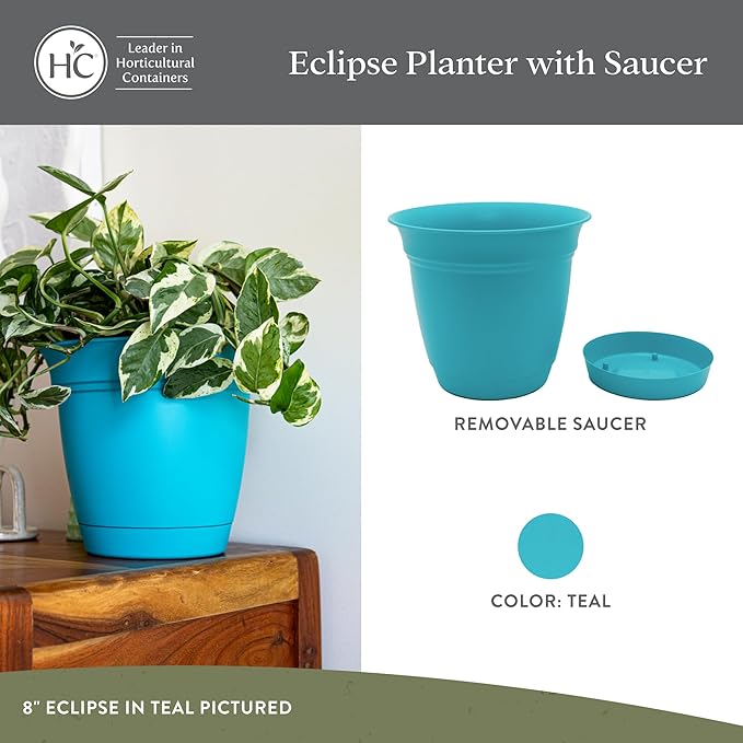 The HC Companies 12 Inch Eclipse Round Planter Pots with Drainage Holes & Attached Saucer, Lightweight UV-Resistant Plastic Indoor & Outdoor Planters, 2-Pack Flower Pots for Garden & Home Decor, Teal