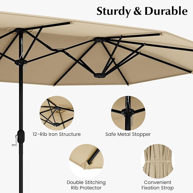Tangkula 10 Pieces Patio Wicker Dining Set w/Double-Sided Patio Umbrella, Outdoor Acacia Wood Furniture Set w/ 8 Armchairs, 71” Dining Table & 15 ft Umbrella with Weighted Base (Beige)