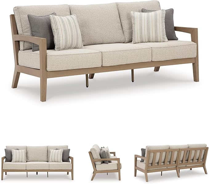 Signature Design by Ashley Hallow Creek Cottage Nuvella Weather Resistant Fabric Outdoor Sofa with Cushion and 4 Throw Pillows, Light Brown & Beige